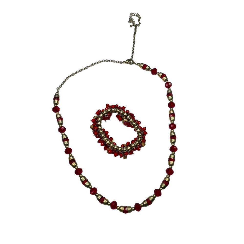 10/$25🦋 Antiqued Bronze & Red Opaline Czech Glass Bracelet & Necklace Set
